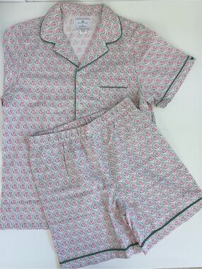 Short-Sleeve Button Up Kids Pink & Green Printed Pajama Short Set 12 NWOT